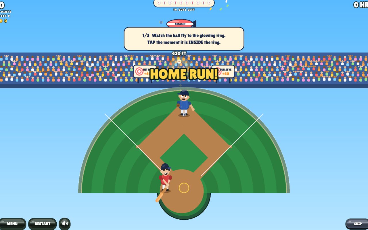 HOME RUN banner with the distance in feet