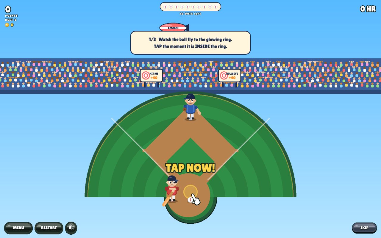 The pitch arrives at the glowing ring in a sunny stadium with a TAP NOW prompt