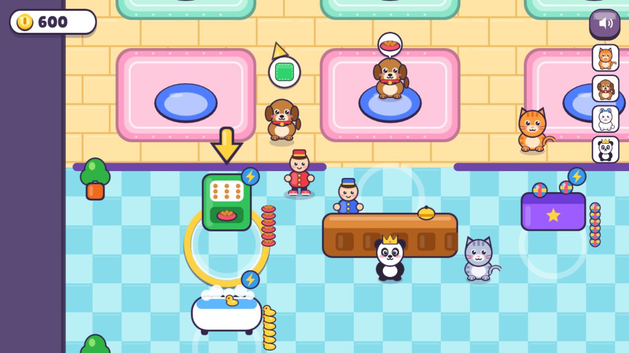 A busy hotel with a desk helper, red sneakers and lightning boosts on every station