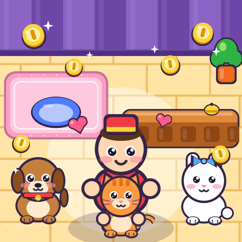 Paw Paw Hotel: the bellhop holding a kitten, with a puppy, a bunny and gold coins
